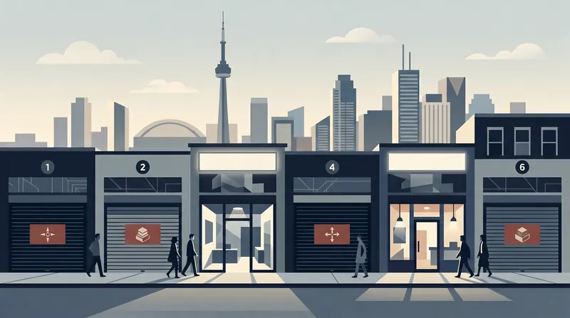 Editorial illustration: storefronts representing Ontario iGaming operators with several closed shutters and the Toronto skyline behind