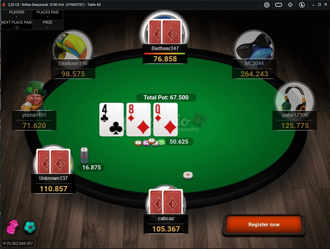 PartyPoker Ontario live tournament gameplay showing a 6-player PKO table