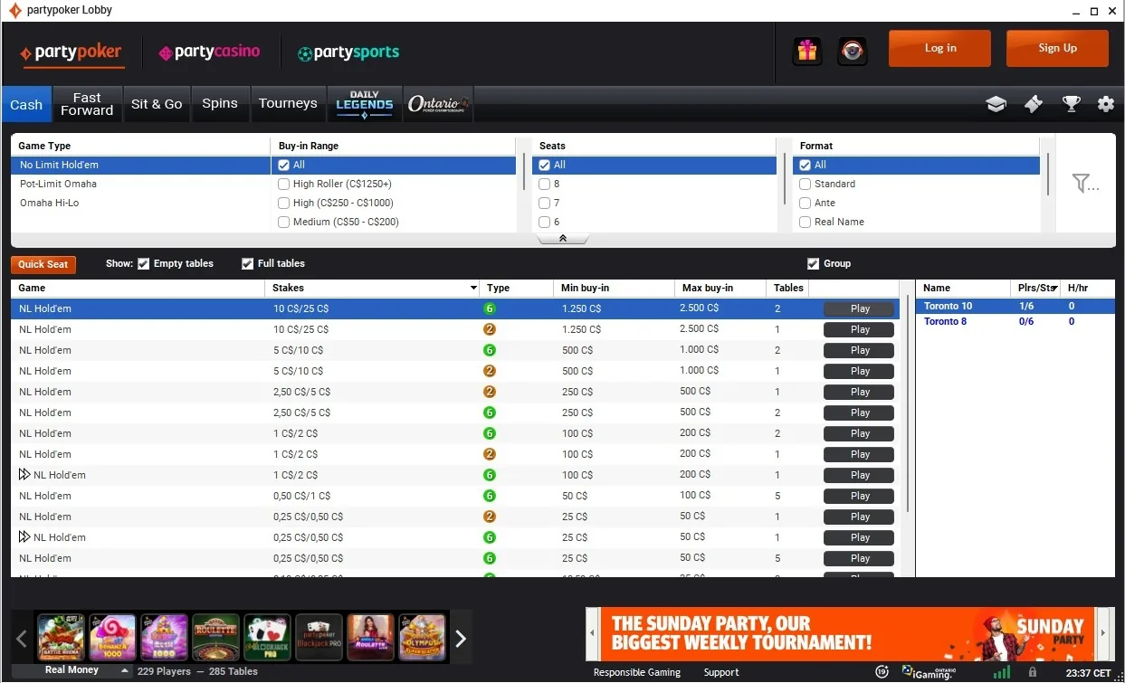 PartyPoker Ontario NL Hold'em cash lobby with stakes from $0.25/$0.50 to $10/$25