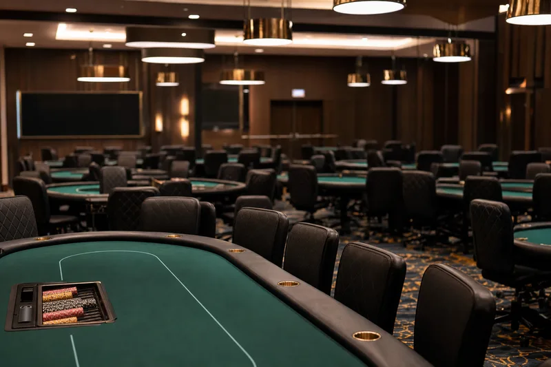 Editorial photograph of an empty poker room with rows of unattended tables, green felt, chairs pushed in, dimmed house lights