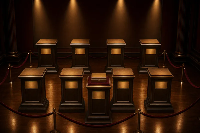 Stylised photo of an empty hall of fame gallery with eight pedestals under warm spotlights, brass plaques, a closed gold WSOP bracelet box on the centre pedestal, illustrating the 2026 Poker Hall of Fame finalist ballot announcement