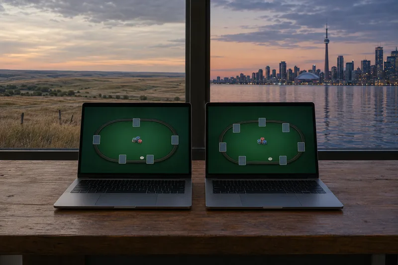 Two laptops side by side showing separate online poker tables, with prairie fields and the Toronto skyline visible through the window, illustrating separate Alberta and Ontario player pools