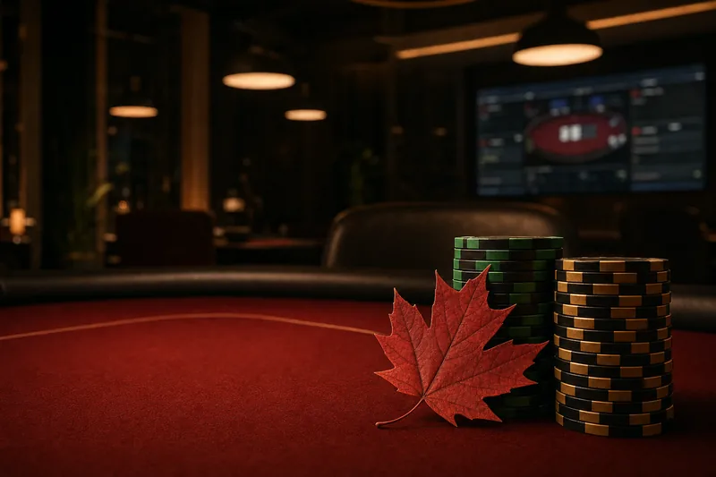A red maple leaf resting against neat stacks of black-and-gold and green-and-black poker chips on a dark red modern poker table, with a blurred online poker lobby screen visible in the deep background