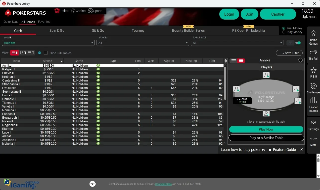 PokerStars Ontario Hold'em cash game lobby with stakes from $0.25/$0.50 to $10/$20