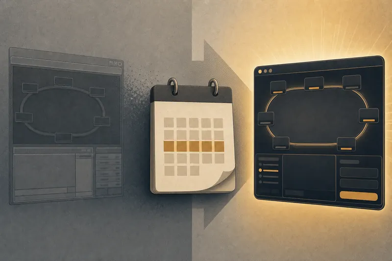 Editorial illustration: an old poker client window dimming as a new one lights up
