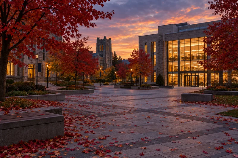 An empty Canadian college quad at dusk with library windows glowing, autumn maple leaves scattered on the paving, illustrative of the 2026-27 Responsible Gambling Council Post-Secondary Campus Tour