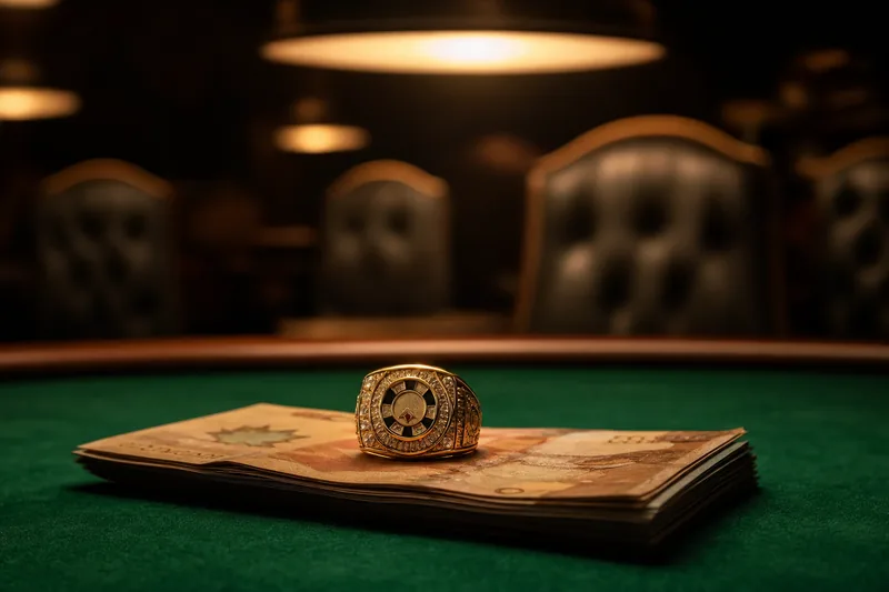 A single small gold WSOP Circuit-style ring resting on a stack of Canadian dollar bills on a green felt poker table, illustrative editorial image of a first WSOPC Circuit ring victory