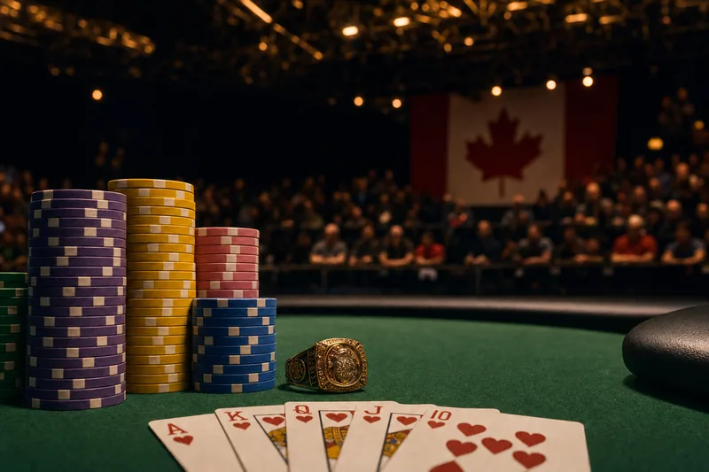 A gold WSOP-style ring beside stacked poker chips and hearts royal flush cards on a green felt final table, with a Canadian flag and blurred railbird crowd in the background