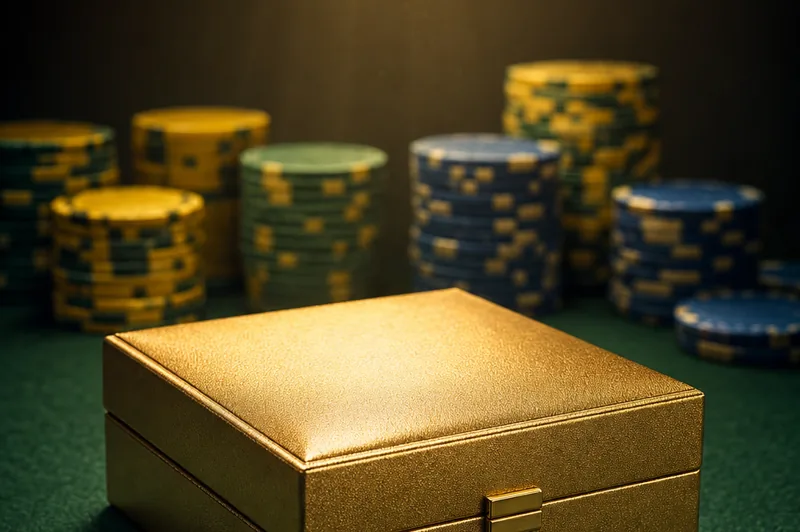 Stylised photo of a single closed gold WSOP-style bracelet presentation box on dark green tournament felt with green, yellow and blue chip stacks behind, soft warm spotlight from above, illustrating Joao Simao's $50K PLO High Roller victory