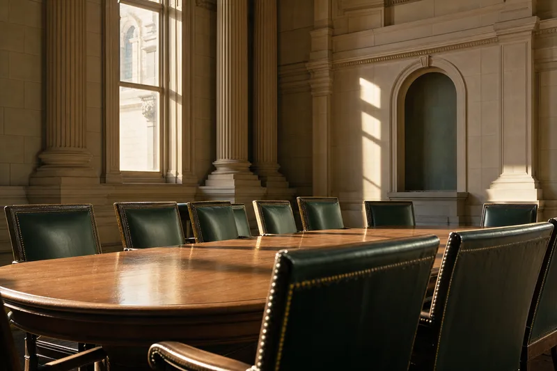 Editorial photograph of an empty government committee room with green leather chairs and neoclassical stone architecture