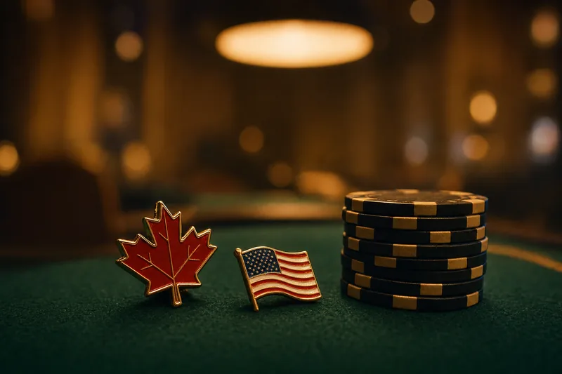 A Canadian maple leaf lapel pin and a small US stars-and-stripes lapel pin sitting side by side on a dark green poker felt next to a stack of black and gold poker chips, warm ambient lighting