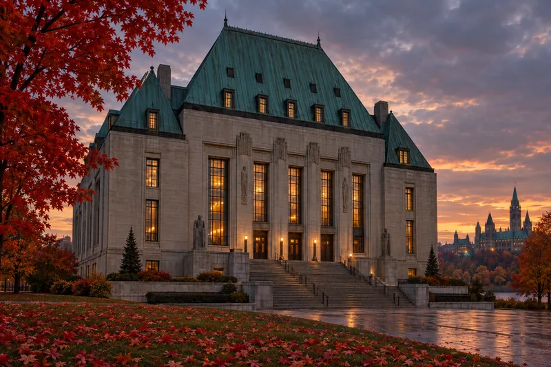 A stone courthouse with a copper-green roof at dusk in autumn, with red maple leaves on the lawn, illustrating the Supreme Court of Canada hearing on Ontario cross-border online poker