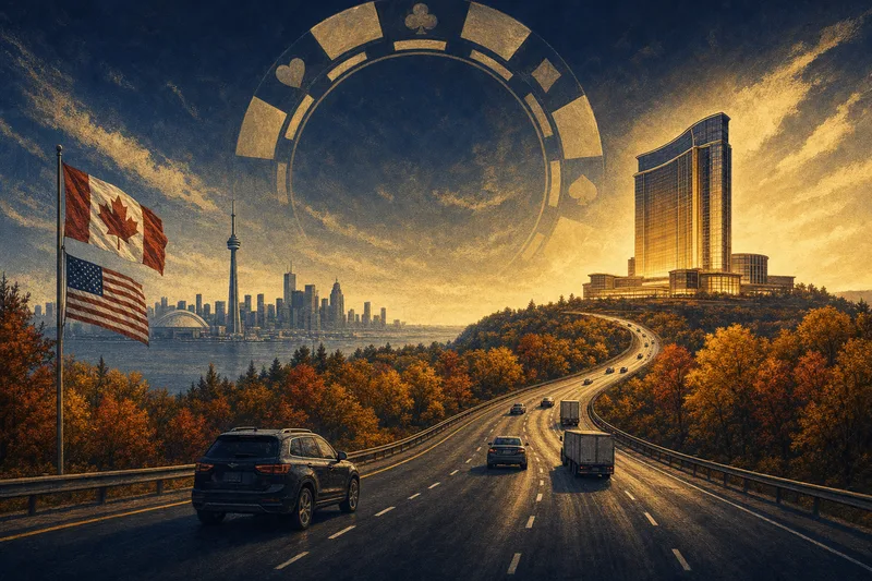 Editorial illustration of an autumn highway curving from a distant Toronto skyline silhouette toward a glowing casino tower on the horizon, a faint gold poker chip motif embedded in the sky