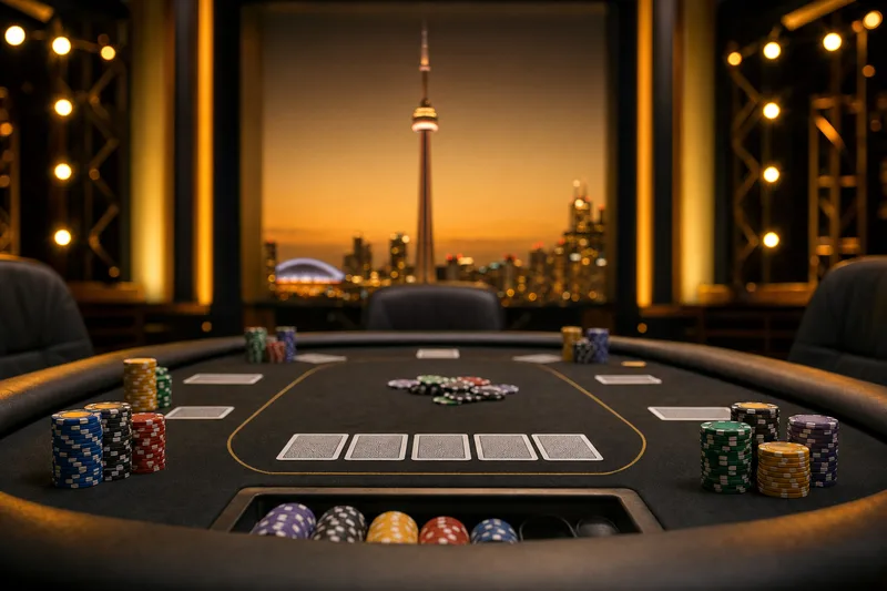 Poker table foreground with Toronto skyline including CN Tower softly out of focus in the background