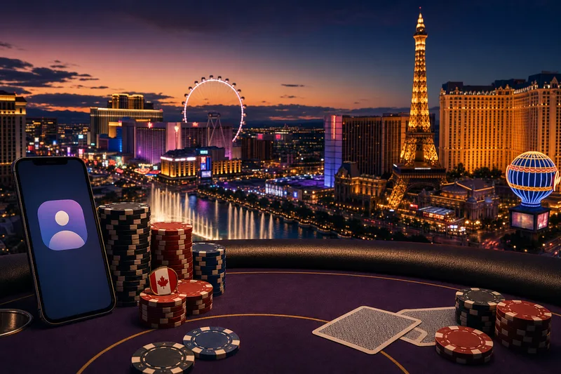 Illustration of the Las Vegas Strip skyline beside a poker felt with a Canadian maple leaf chip and stacks of WSOP gold bracelets