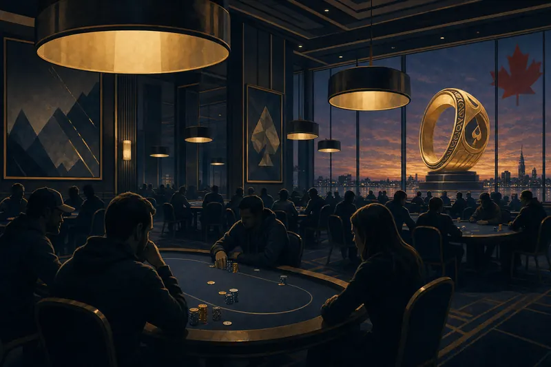 Editorial illustration: a poker hall with a stylised gold ring trophy in the background and a maple-leaf accent