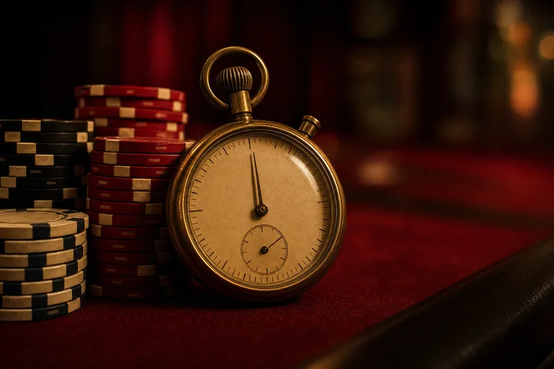 Close-up editorial photograph of a brass stopwatch and a stack of poker chips on red felt, warm amber tournament lighting