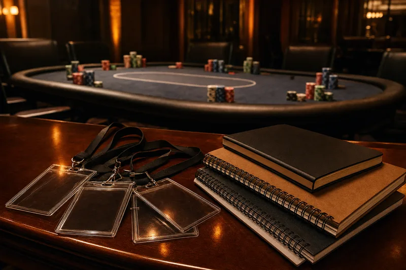 Editorial photograph of a table displaying poker tournament press-pass credentials and reporter notebooks with a soft-focus poker table in the background