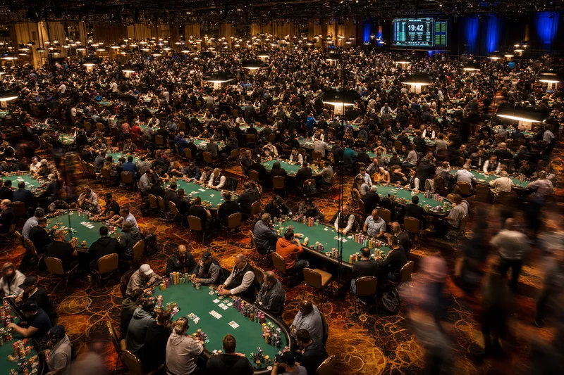 Overhead view of a packed WSOP Main Event tournament hall on Day 2D at Horseshoe Las Vegas
