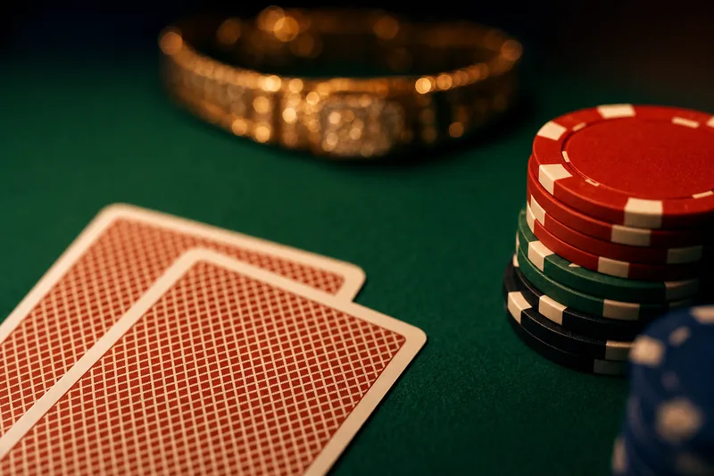 Close-up of poker cards, chips and a WSOP-style gold bracelet on green felt