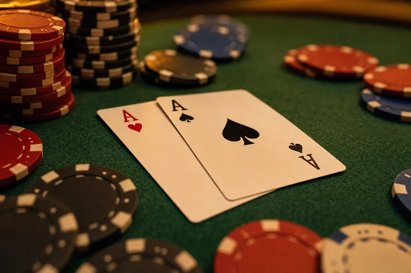 Pocket aces on green poker felt, chips scattered around the table