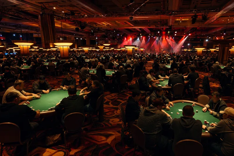 Stylised photo of a packed WSOP Main Event tournament floor at the Horseshoe and Paris in Las Vegas at peak play, with hundreds of players around green felt tables under warm amber house lighting and arena red spotlights, illustrating the 7,210-entry Main Event field
