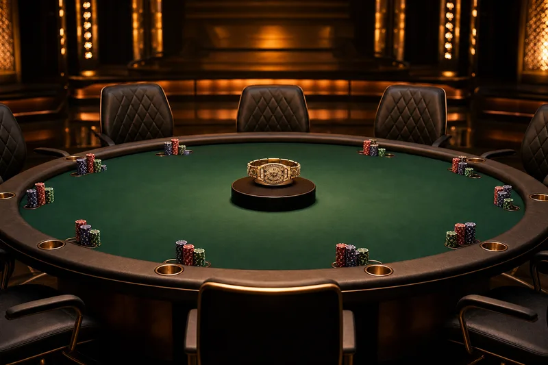 Empty WSOP-style final table set up for nine players with chip stacks and a gold bracelet on display