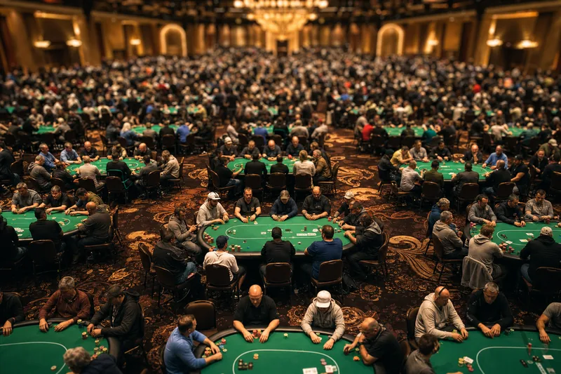 Illustration: aerial view of dozens of full poker tables on a WSOP tournament floor under warm overhead lighting