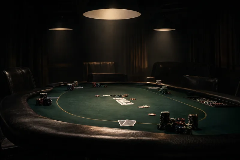 An empty tournament-style poker table under moody overhead spotlights with scattered cards and chip stacks in a dark room, illustrative of the 2026 WSOP Online Main Event final table played on GGPoker on the night of Tuesday, September 22