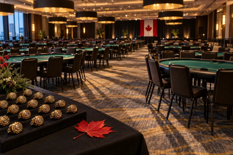 An empty modern poker tournament room with green felt tables and gold WSOP Circuit rings displayed on a black cloth-covered table in the foreground alongside a red maple leaf, with a Canadian flag visible on the back wall, illustrative of the WSOP Super Circuit Canada festival wrap at Playground Poker Club in Kahnawake