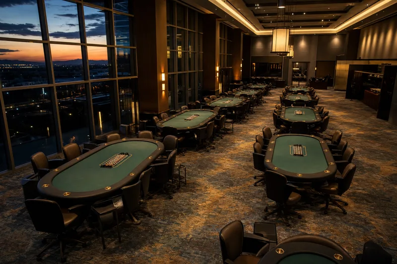 Editorial photograph of a large modern poker room floor with rows of empty green-felt tables under warm amber overhead lighting