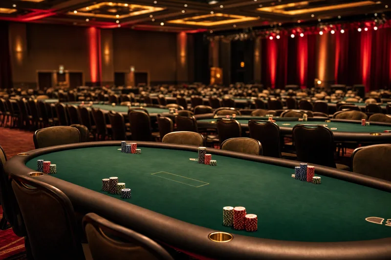 Stylised photo of a Playground Poker Club tournament hall in Kahnawake, Quebec, with rows of green-felt poker tables stretching into the distance under arena lights, illustrating the WSOP Super Circuit Montreal series running August 26 to September 12, 2026